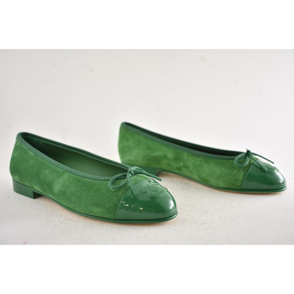 Chanel 26A Green Suede Patent Leather CC Logo Bow Tie Ballet Ballerina Flat 36 - Picture 4 of 16